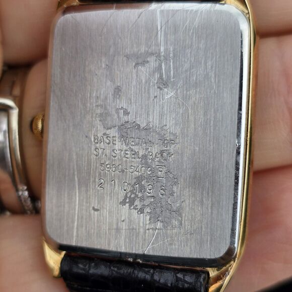 Seiko Mens Watch 18mm Black Gold Tone Diamonds Leather 5930-5409 Needs Battery